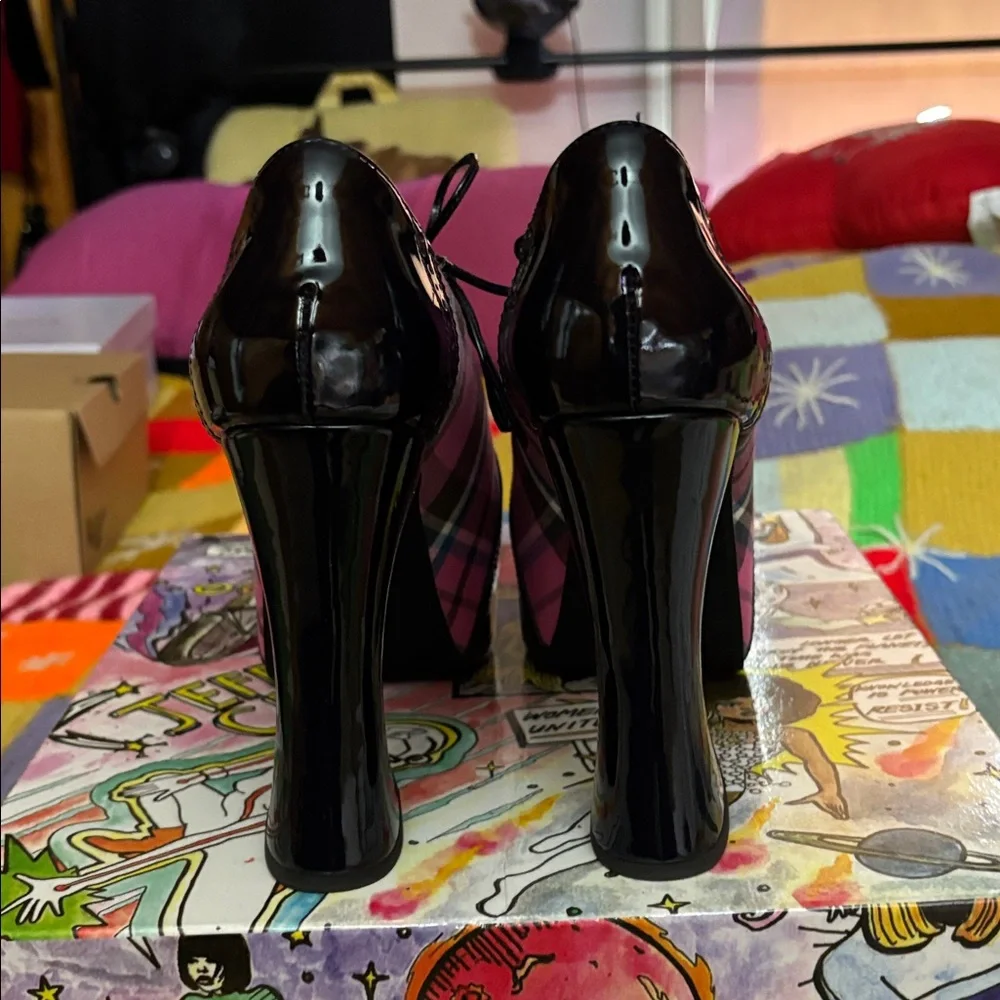Jeffrey Campbell Pink Plaid and Black Patent Platform Oxfords